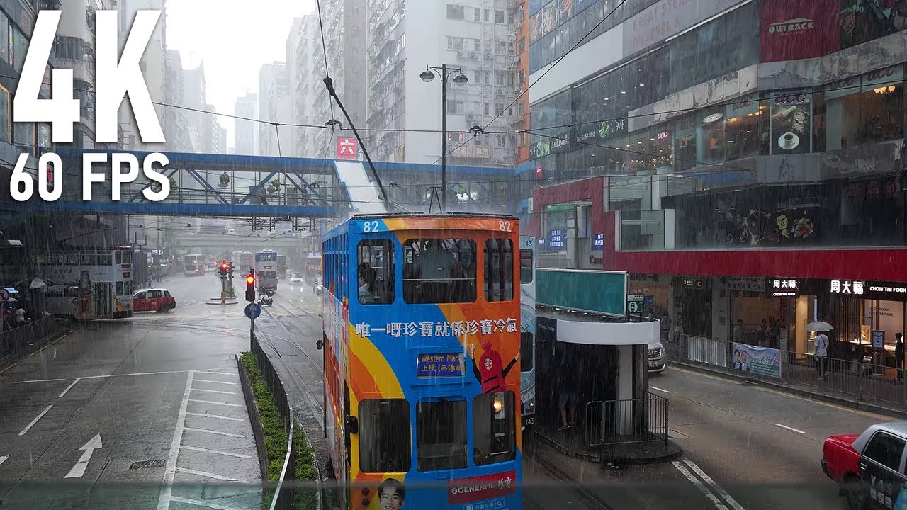Hong Kong tram ride in Heavy rain | Shau Kei Wan ➡️  Wan Chai ➡️ Kennedy Town full route | 4K 60FPS