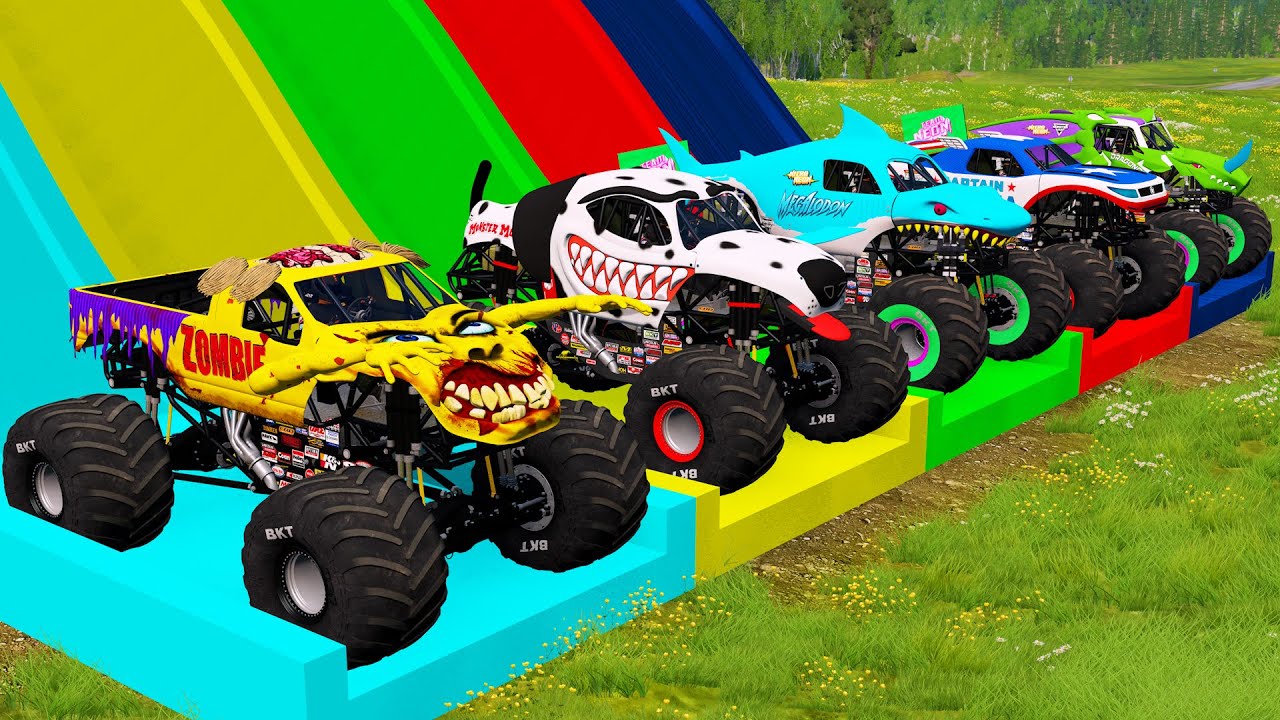 Double Flatbed Trailer Monster Trucks Transport with Slide Color-Cars vs Speed bump-BeamNG.drive 07