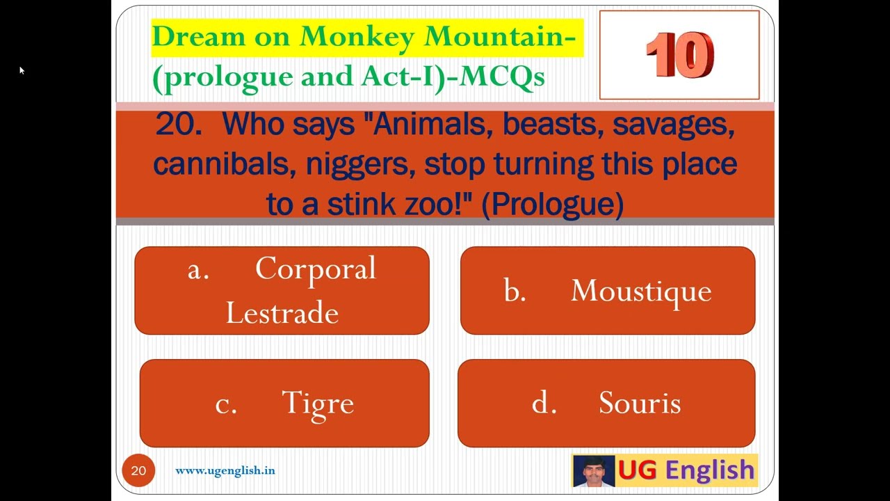 Dream on Monkey Mountain - 1- 50 MCQs- (prologue to act-I) for TSPSC JL DL and other entrance exams