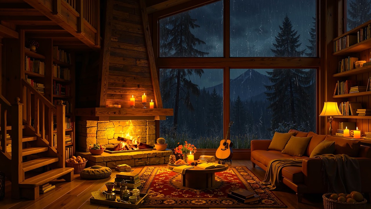 Rainy Night in Cozy Cottage Ambience 🔥 Slow Jazz Music with Rain & Fireplace Sounds for Relax, Sleep