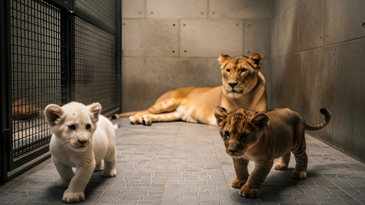 Rare White Lion Cub Playing Inside Cage  Emotional Lioness Moment Caught on Camera