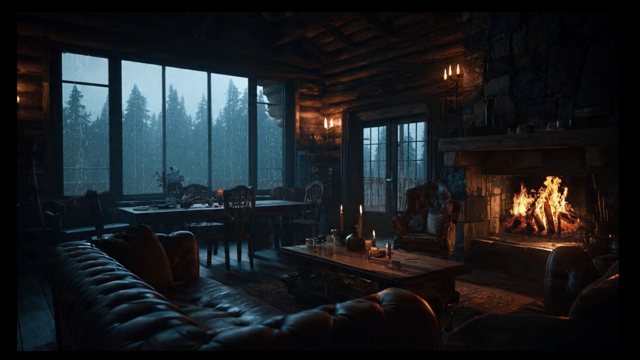 The Ultimate Escape: Heavy Rain & Crackling Fireplace in a Hidden Forest Cabin