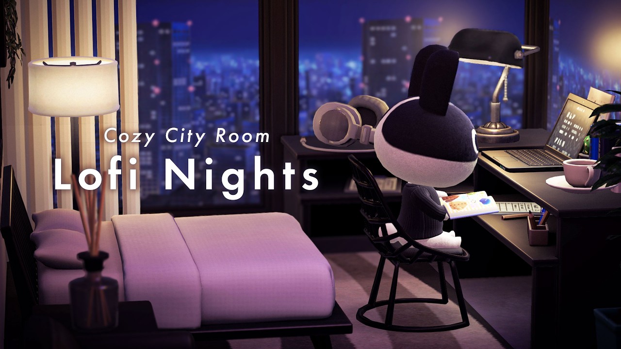 【あつ森】Lofi Night｜都会のお部屋でゆっくりと過ごす深夜｜ちょっとジャズ｜ページをめくる音｜作業・勉強【1時間】