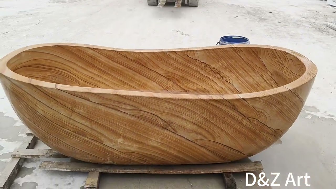 Natural Stone Bathtub Sculpture For Sale: Hotel Custom Project DZ-573 #goldwoodgrainstone #bathtub