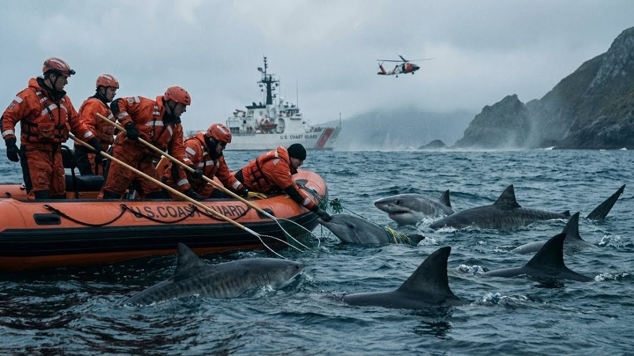 Coast Guard team battles sharks to rescue dolphin.