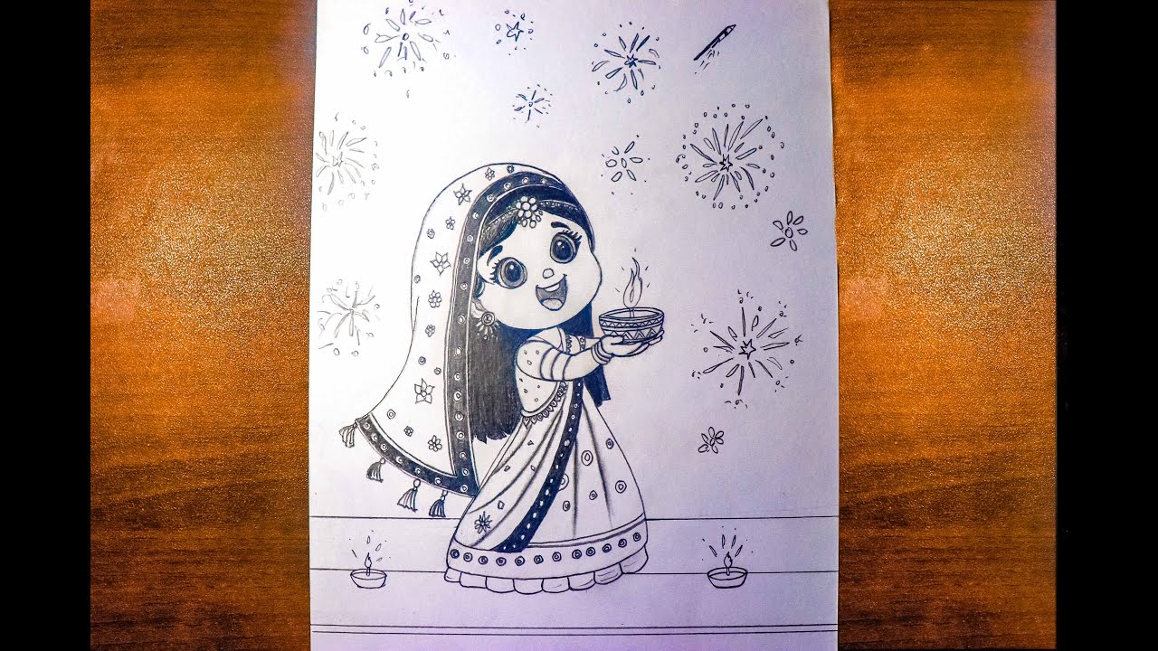 Diwali Drawing Easy, Diwali Festival Drawing Easy For Beginners, Traditional girl  Diwali drawing