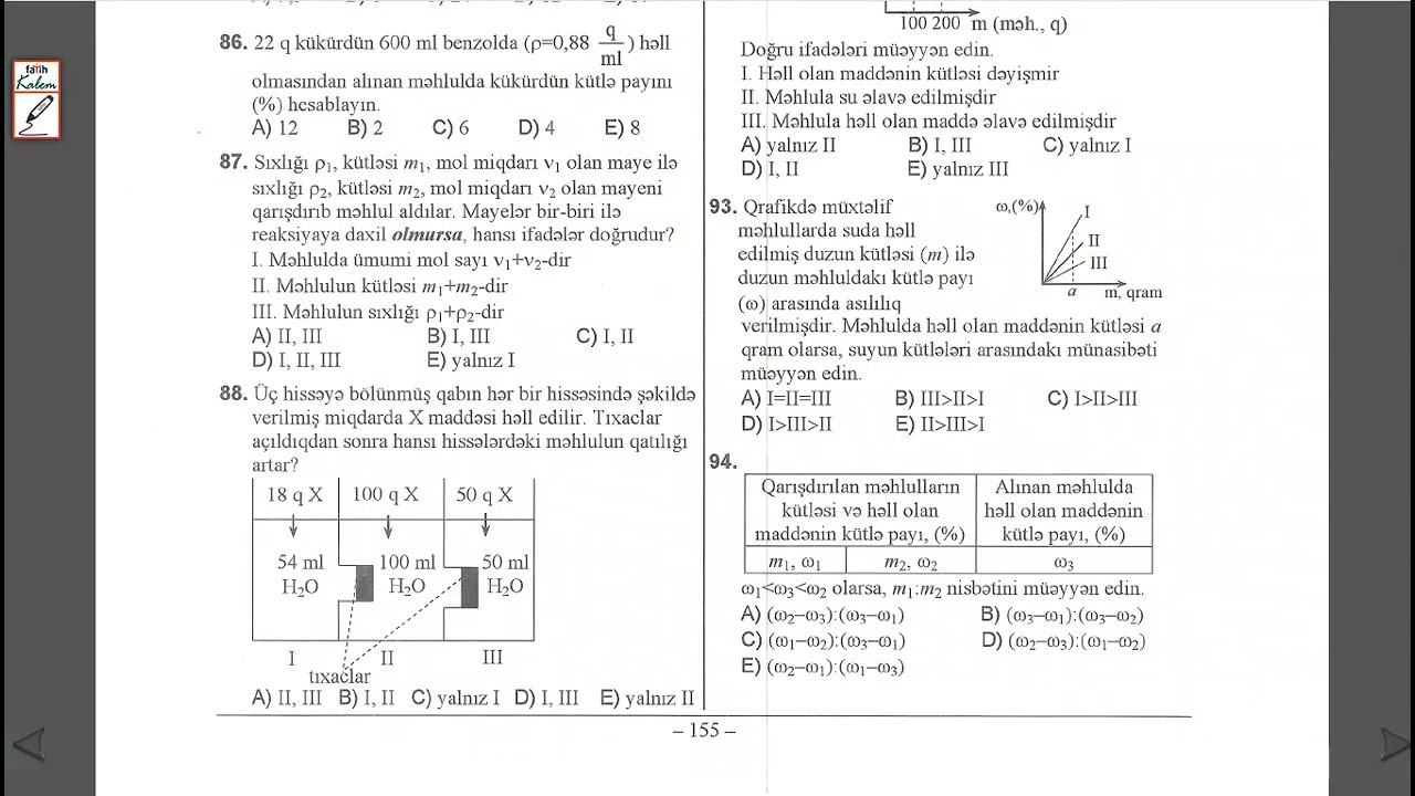 Kimya test toplusu I hissə səhifə 155 sual 83-94