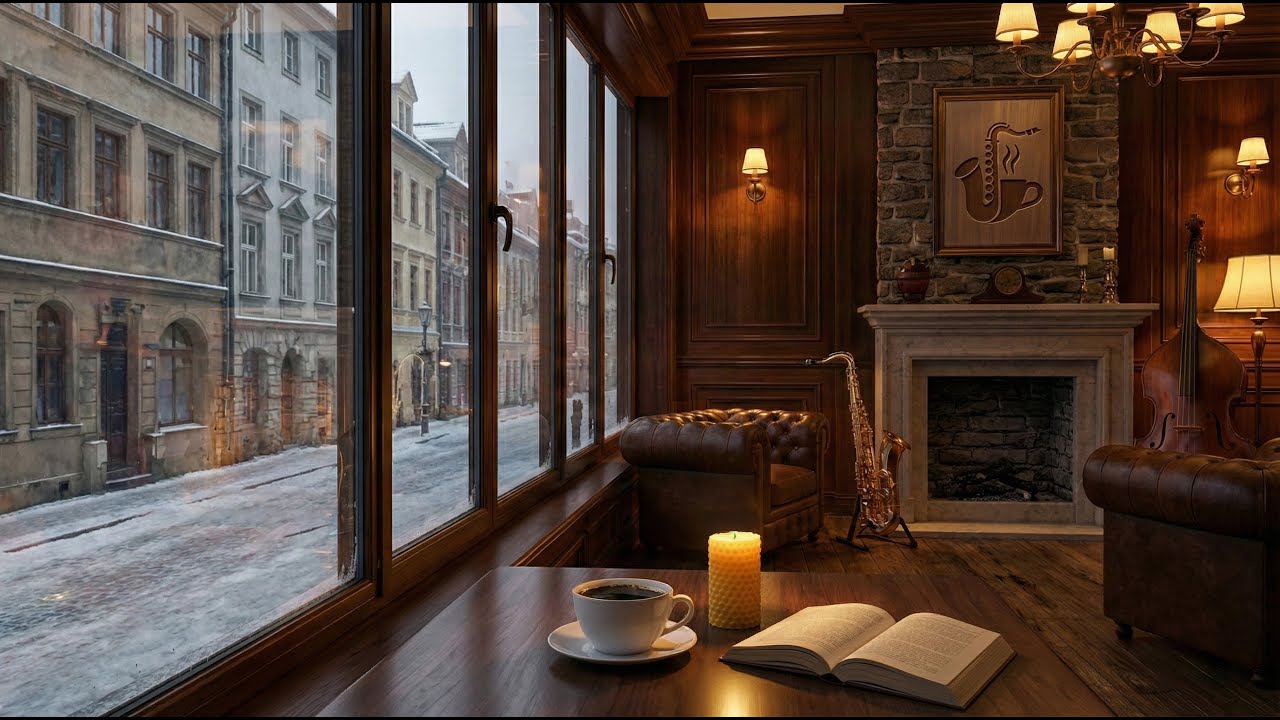 Cozy Winter Jazz Cafe Ambience 🎷 Crackling Fireplace & Snowy Street View for Relaxing, Reading