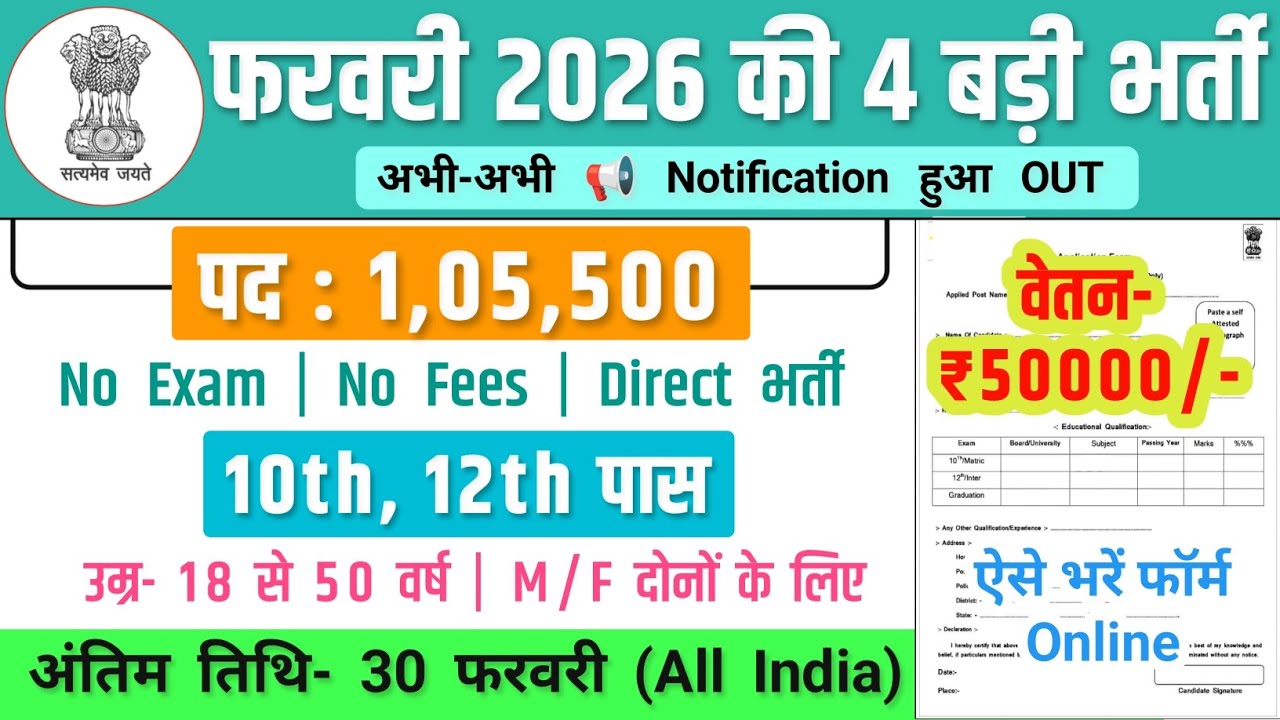 फरवरी 2026 की 04 बड़ी भर्ती, Salary- 70000 | New Vacancy 2026 | Govt Job Vacancy 2026
