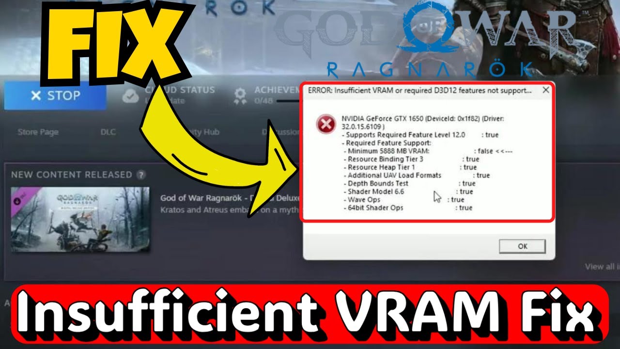 Error insufficient VRAM or required D3D12 feature not supported God of war Ragnorok Fix