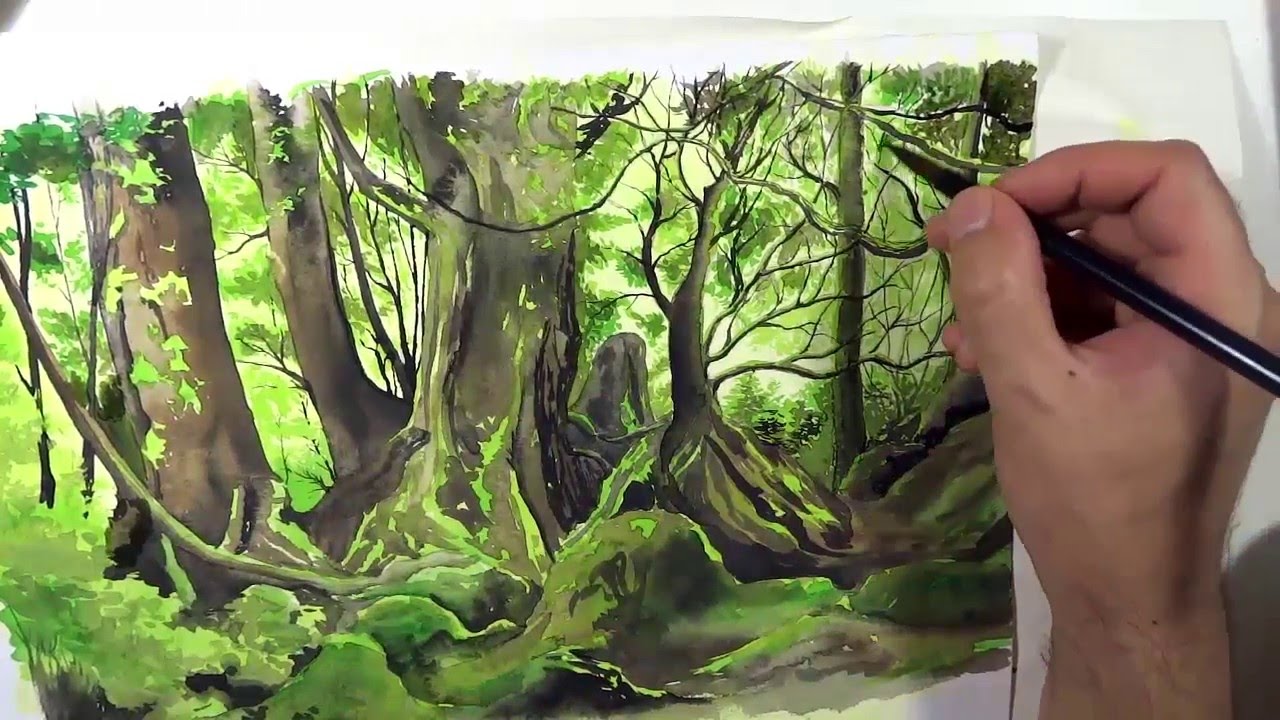 pintura de un bosque con gouache/ #tempera #gouachepainting #postercolor #postercolorpainting