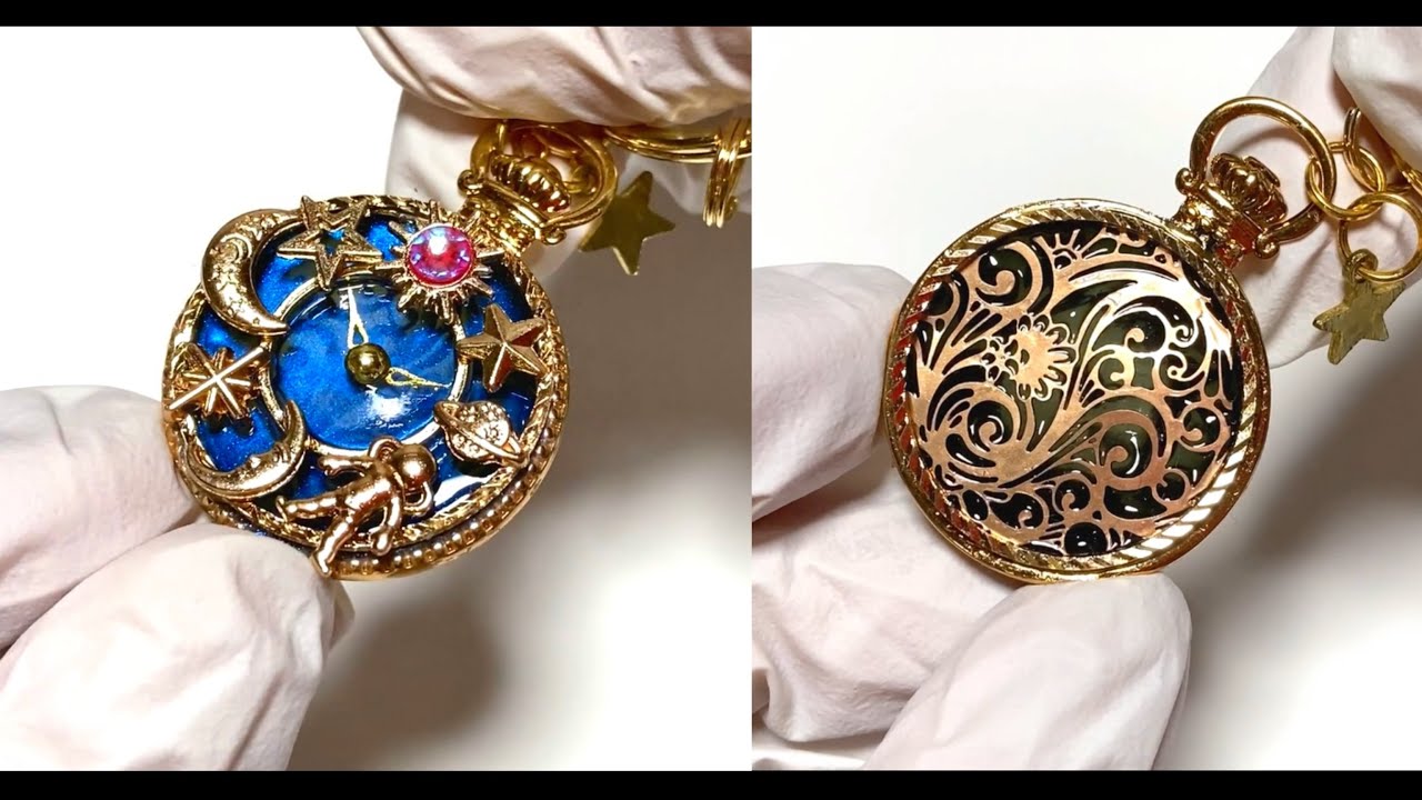 【UVレジン　100均】色んなパーツを組み合わせて懐中時計風チャーム作ってみました💙 UV Resin Pocket watch style charm