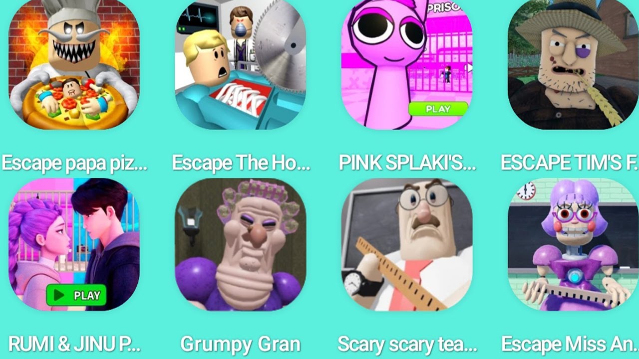 Escape PaPa Pizza's Pizzeria,Escape The Hospital obby,PINK SPLANKI'S PRISON RUN,ESCAPE TIM'S FARM