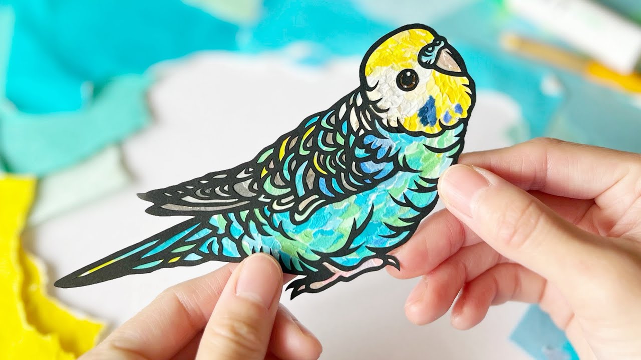 【ちぎり絵×切り絵】折紙ちぎってインコを描きました🕊️🩵💚 #papercraft #art #origami #birds #parakeet  #ちぎり絵 #切り絵 #折り紙 #インコ