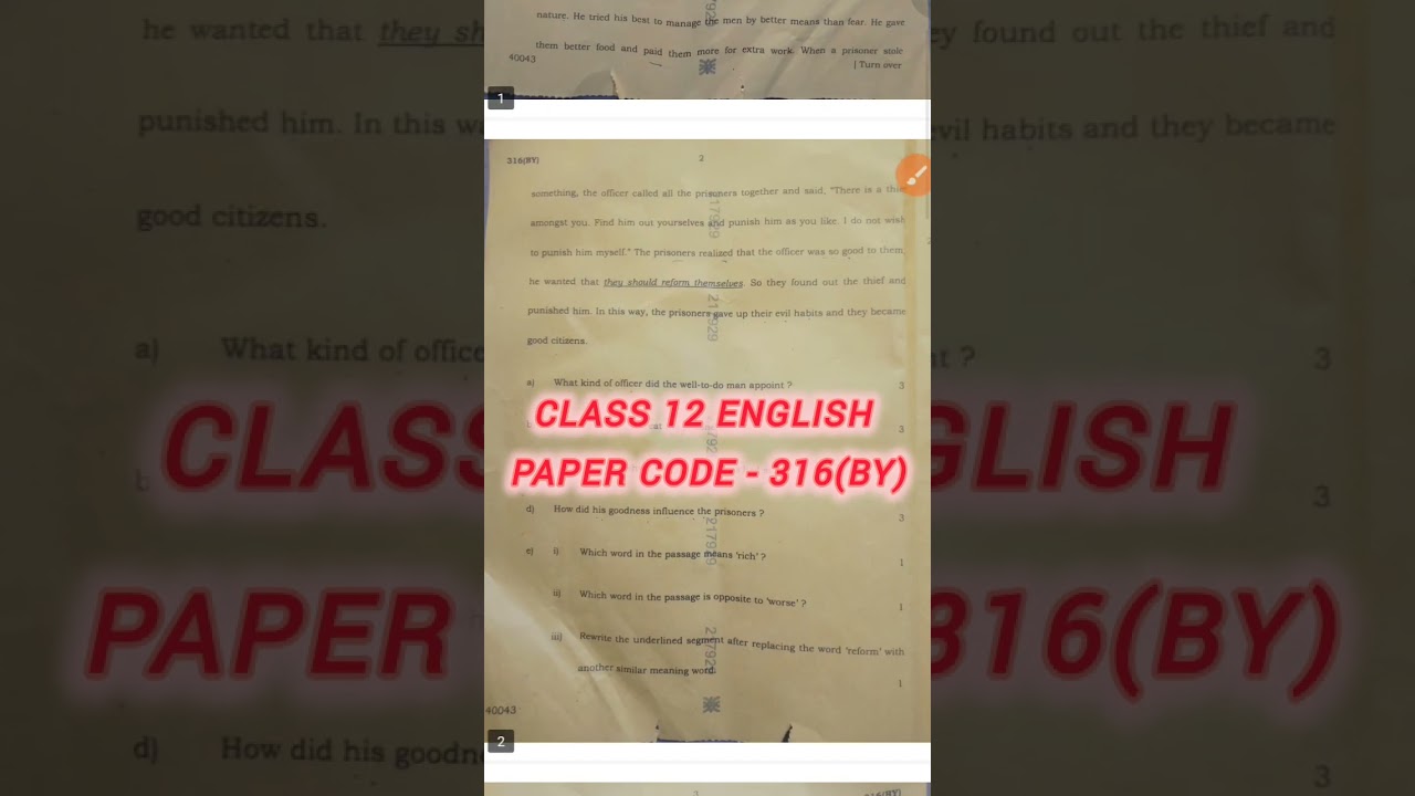 English Paper Class 12 Answer Key 2026 | Code 316 BY | Board Exam Solution