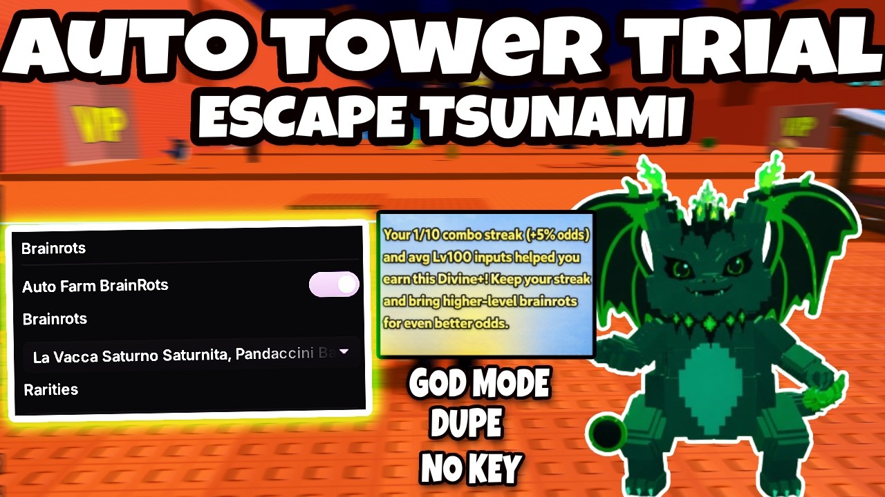 Скрипт Escape Tsunami For Brainrots БЕЗ КЛЮЧА &ndash; Автоматическое прохождение башни, режим Бога 🌊