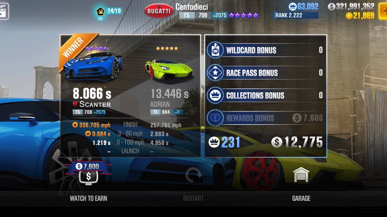 CSR2 - Centodieci (body stock) (1/2 mile) - tune & shift for Tournaments (day 3) - 8.066