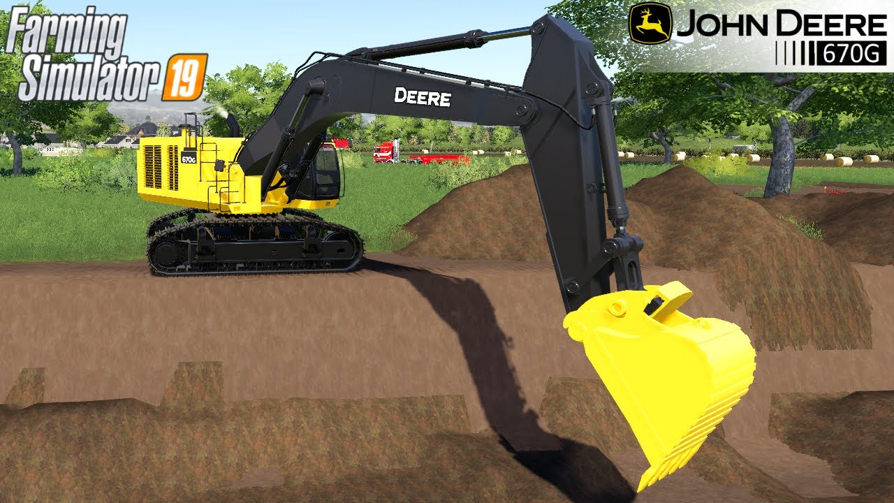 Farming Simulator 19 - JOHN DEERE 670G LC Excavator Digs A Large Trench