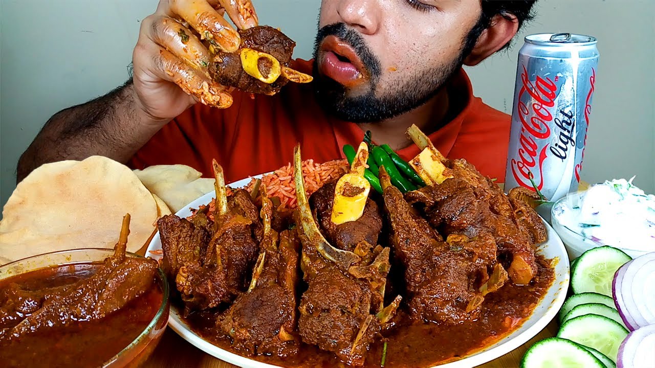 SPICY MUTTON CHAAP CURRY WITH Schezwan Fried Rice EATING SHOW#HUNGRYpiran
