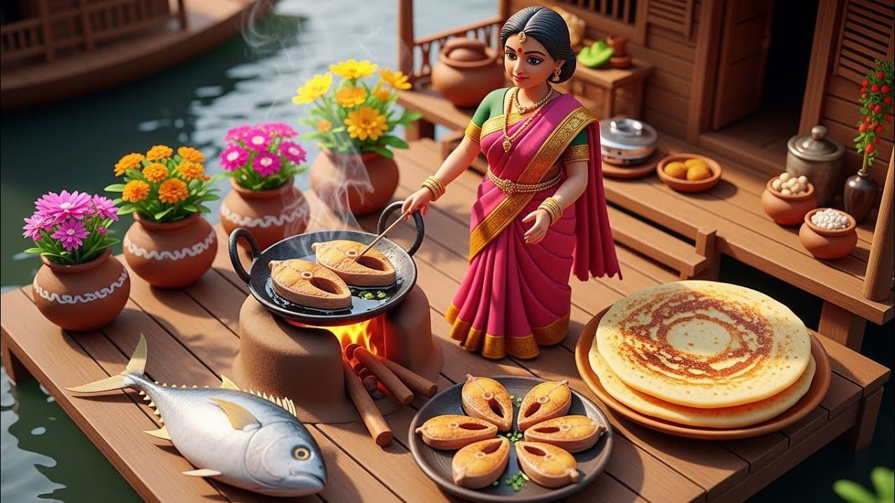Miniature Doll BIG TUNA FISH Cooking ASMR | Floating House Indian Village Tiny Kitchen Story
