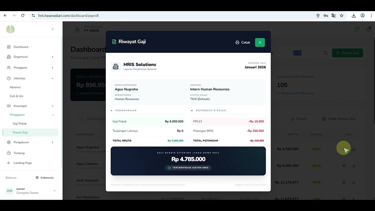 HRIS Platform - Full Demo dengan Fitur Bonus (OTP, Payroll)