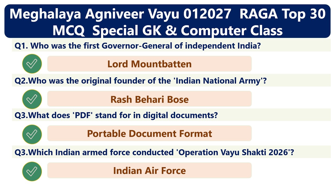 MEGHALAYA Agniveer Vayu 012027  RAGA Top 30 MCQ  Special GK & Computer Class