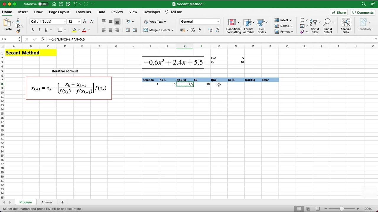 Secant Method on Excel /Numerical Methods