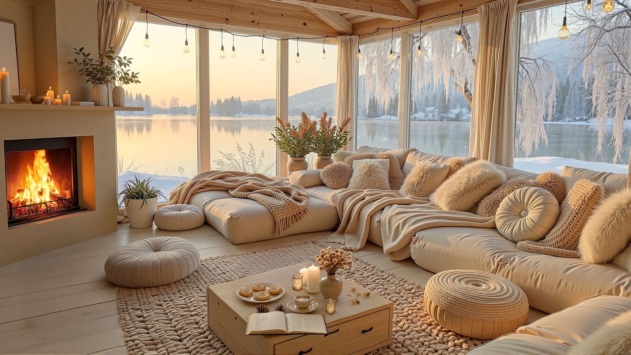 Soft Winter Jazz Coffee by a Cozy Lakeside Cabin at Sunrise ❄ Soft Jazz & Warm Fireplace for Study
