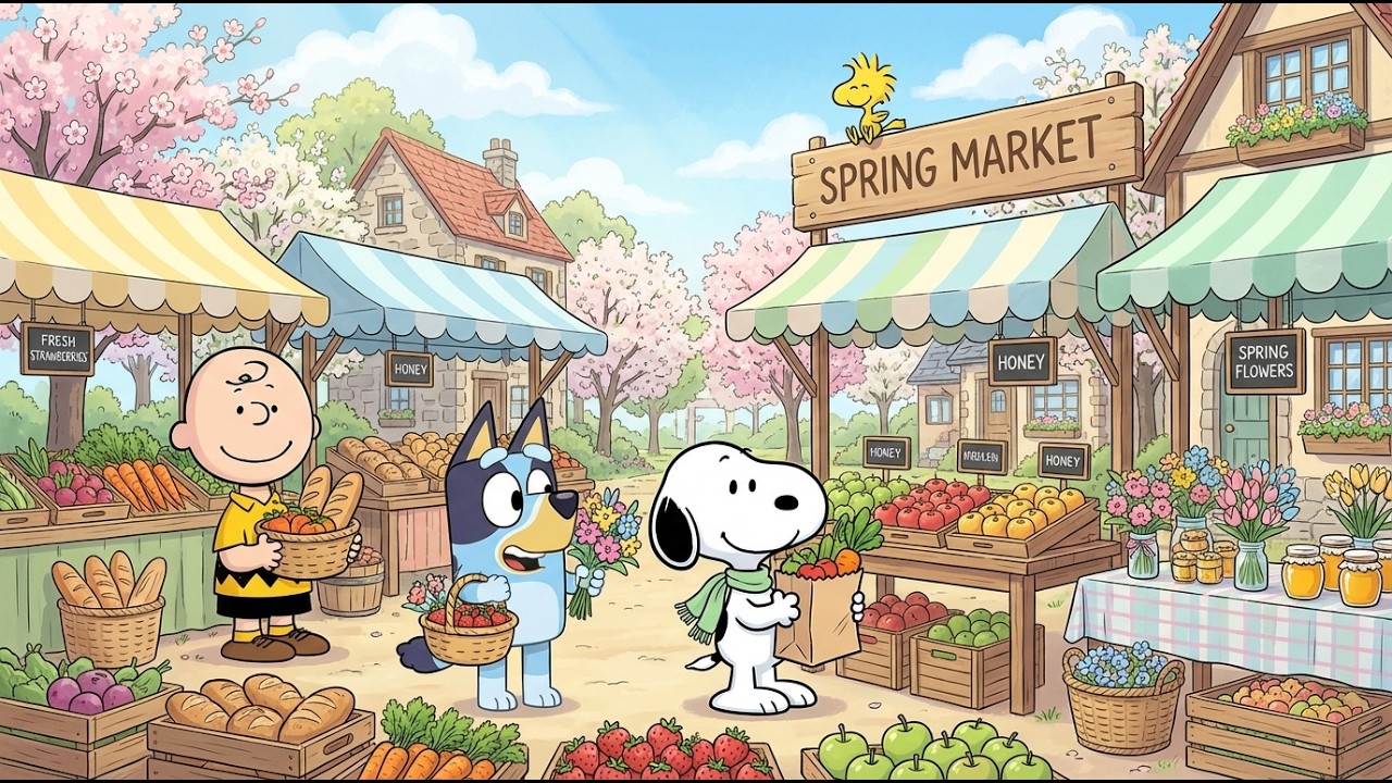 Snoopy, Bluey & Charlie Brown Spring Market Day 🌸 Jazz Lofi for Study & Focus 📚 Fresh Blossom Vibes