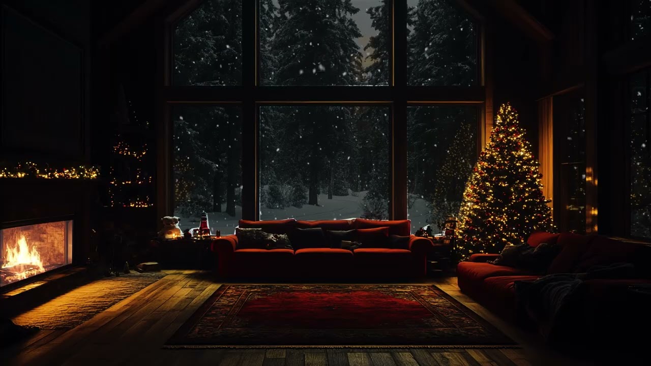 Warm Winter Cabin Night ❄️ Crackling Fireplace and Cold Wind Ambience for Deep Relaxation