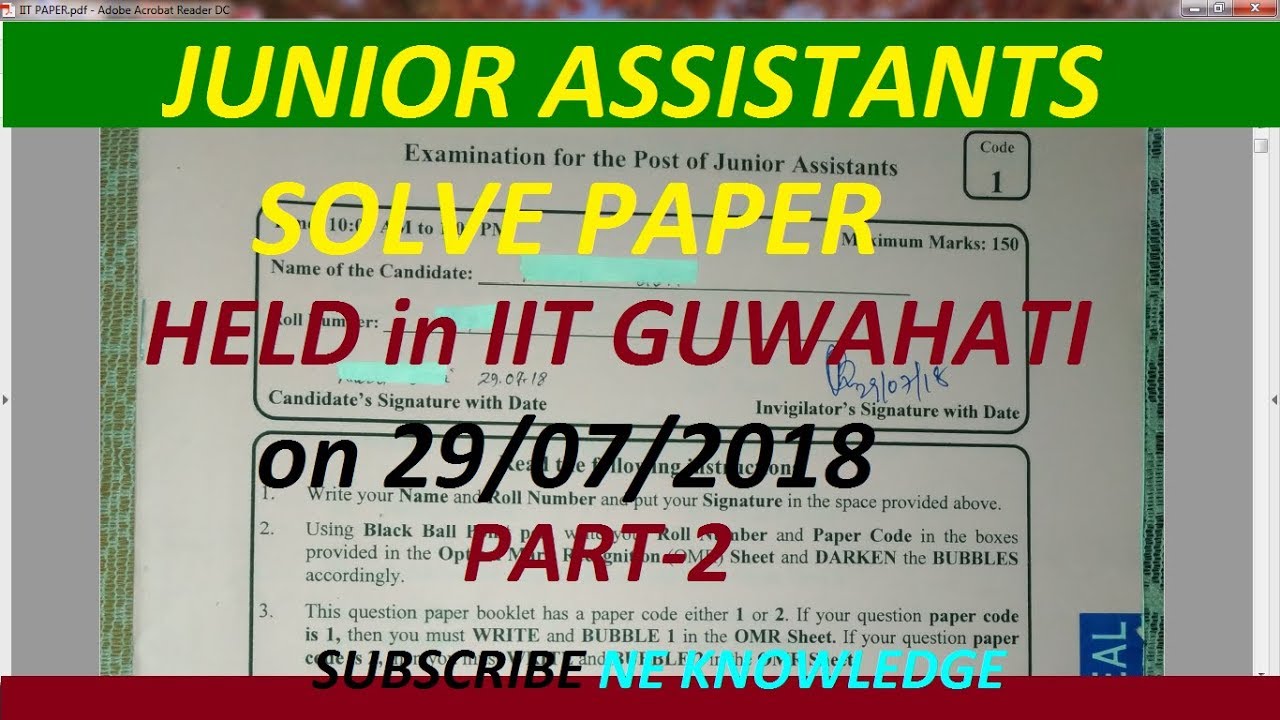 JUNIOR ASSISTANTS SOLVE PAPER, Held in IIT Guwahati