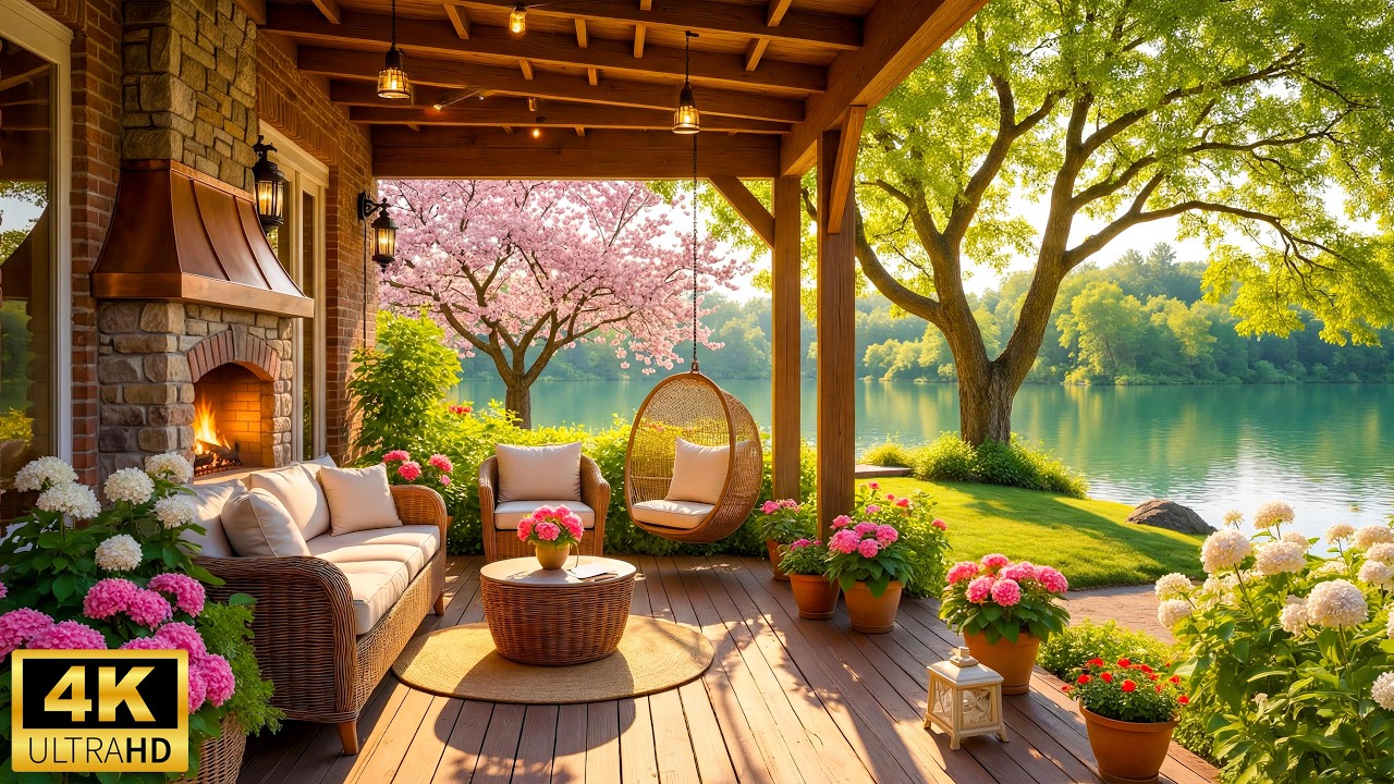 Cozy Spring Sunset Porch Ambience 🌺 Smooth Piano Music, Bird Singing & Fireplace for Focus & Calm