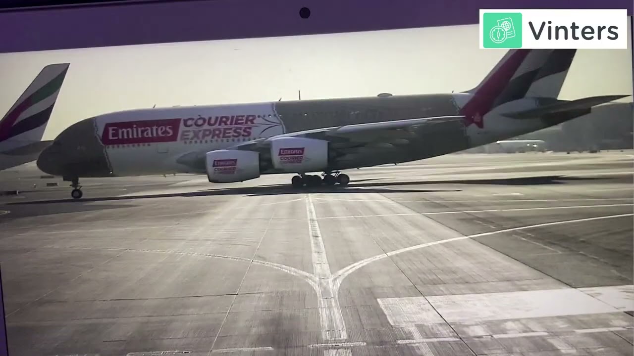 Aircraft front camera view of departure from Dubai