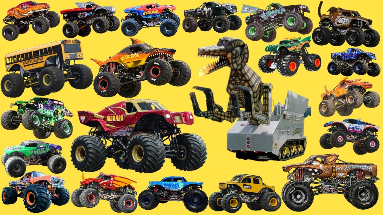 MONSTER TRUCKS Vehicle | Monster truck Name Sounds - Velociraptor, El Toro Loco, Megasaurus, Avenger