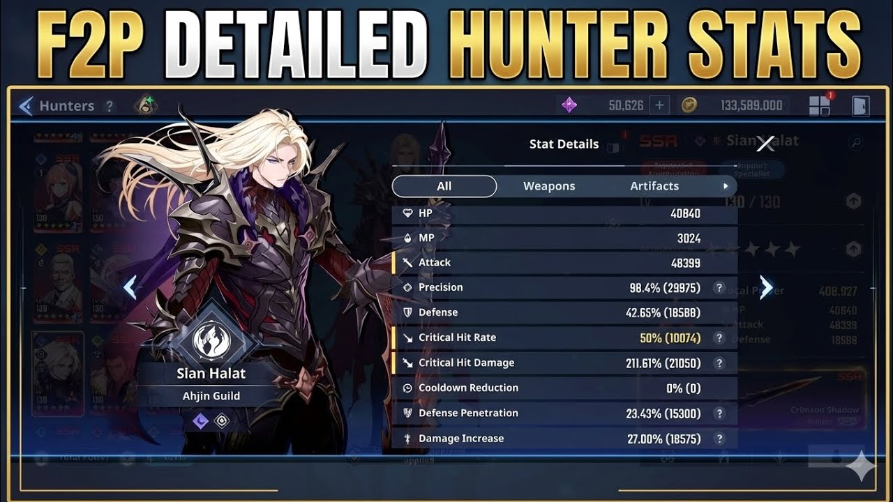 F2P ALL HUNTERS & SUNG JIN DETAILED STATS / ARTIFCATS / CORES SHOWCASE - [ Solo Leveling Arise ]