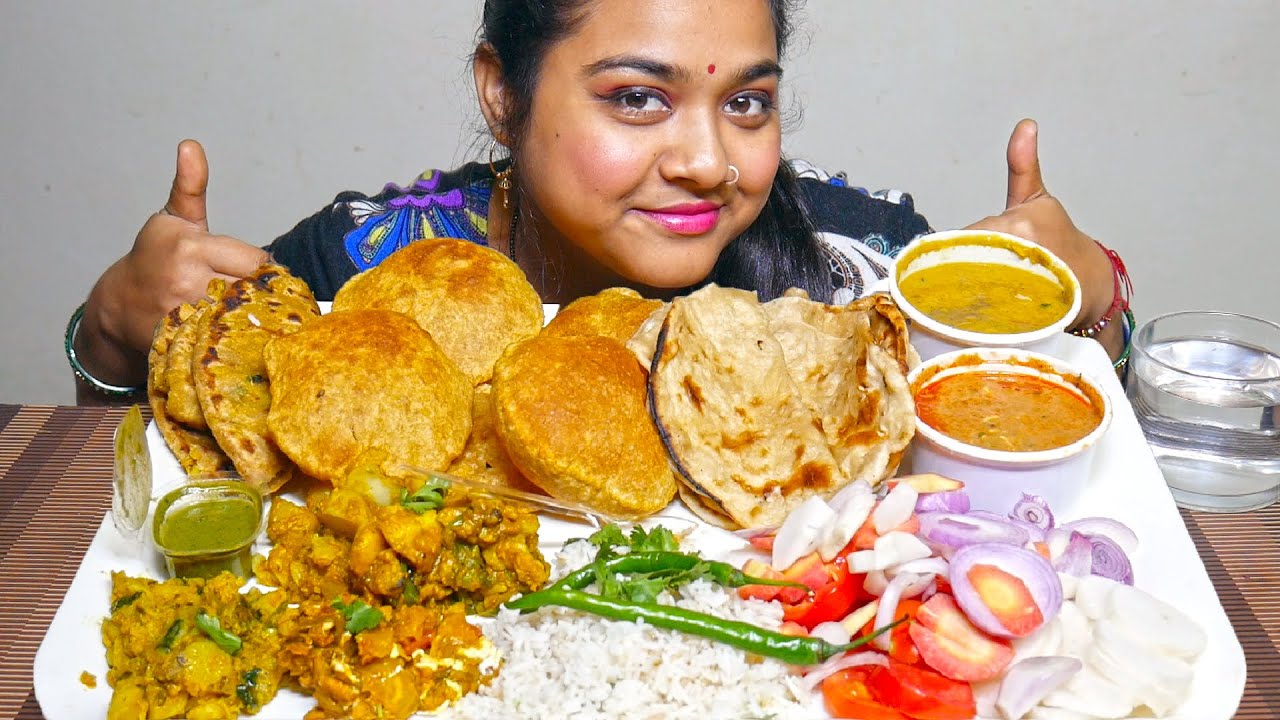 Indian Food | Aloo Paratha, Shahi Paneer, Dal Tadka, Poori, Tandoori Roti, Mix Veg, Rice Eating ASMR