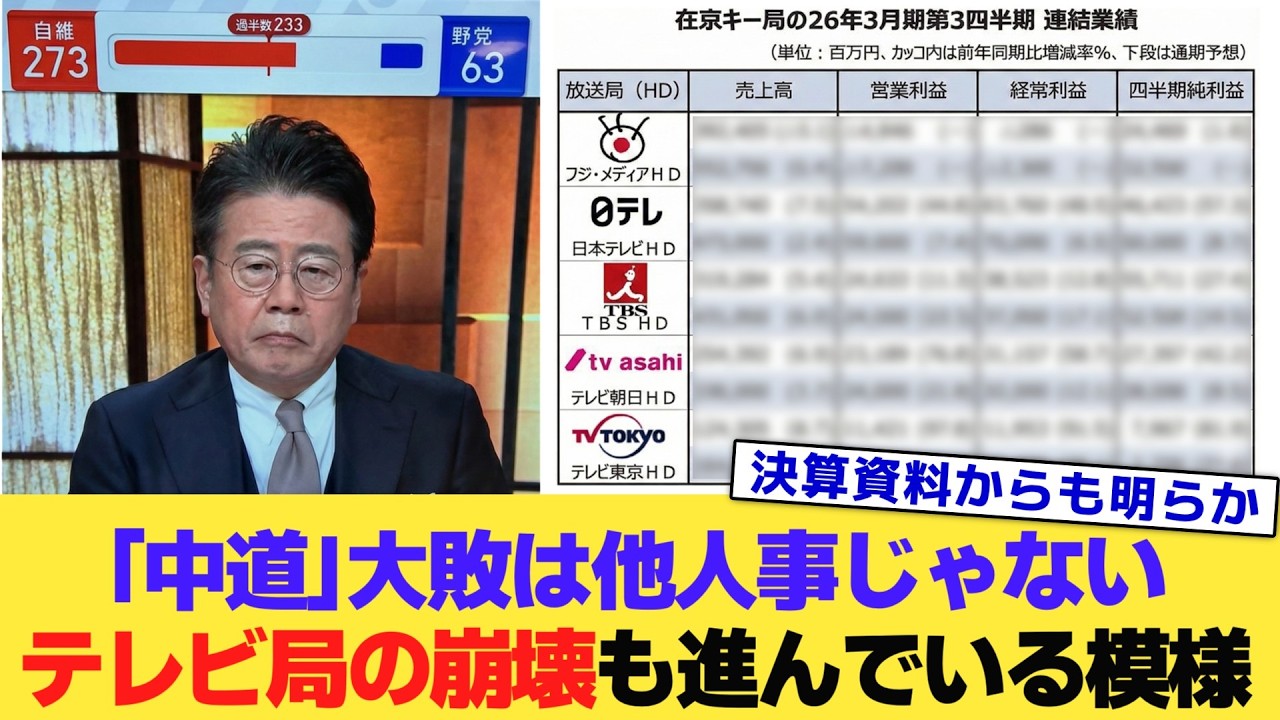 「中道」大敗は他人事じゃない。テレビ局の崩壊も着実に進んでいる模様