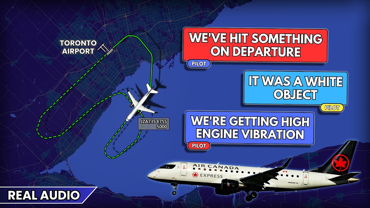 Airplane Hits WHITE OBJECT in the air after takeoff from Toronto. High engine vibration. Real ATC