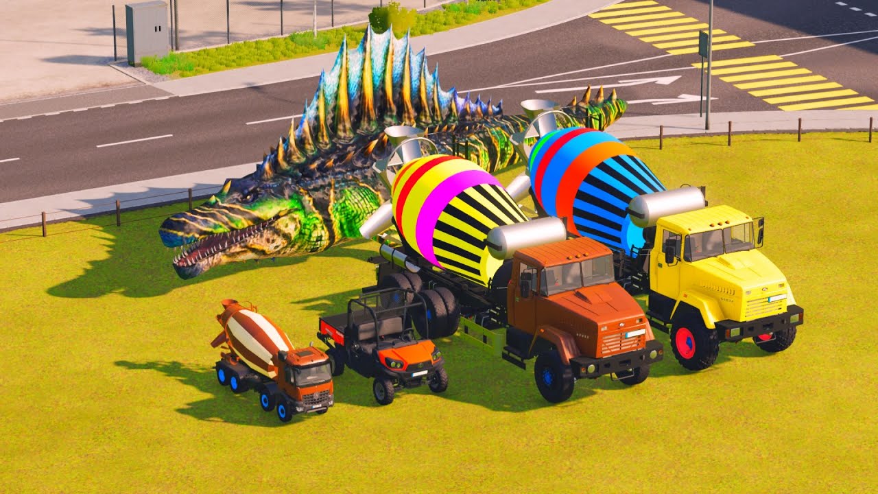CEMENT MIXER TRUCK & JEEP VS GIANT DINOSAUR OBSTACLE! | FS22 GARAGE TRANSPORT CHALLENGE