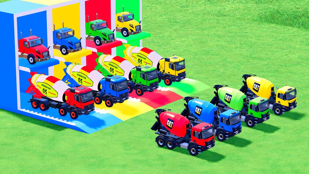 Garage with Colors - ALL MIXER TRUCK WITH DOUBLE FLATBED TRAILER TRUCK, SCANIA, MACK #75 - FS22