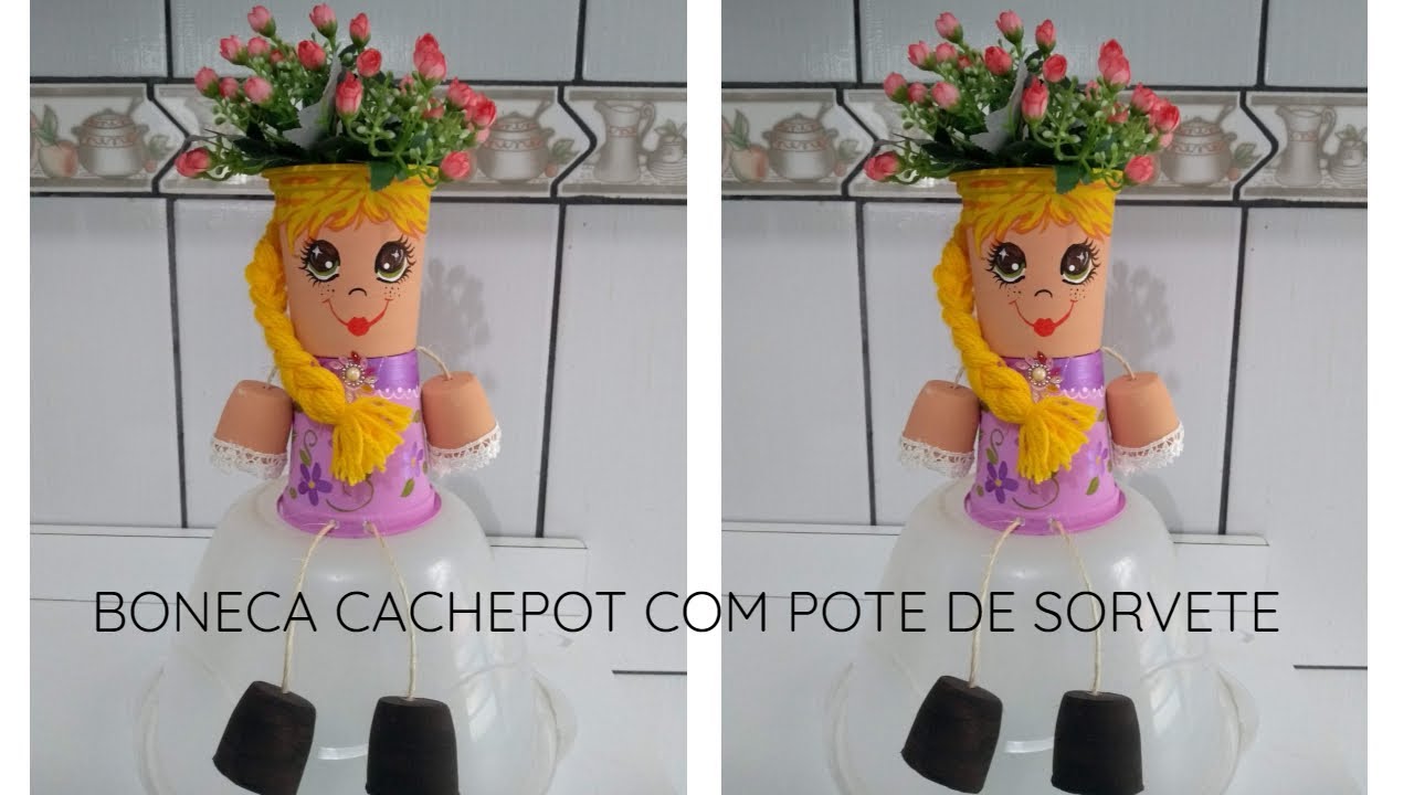 BONECA CACHEPOT COM POTE DE SORVETE / RECICLAGEM /DIY/ LIXO AO LUXO