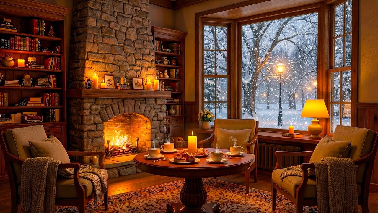 Sweet Winter Night Coffee Shop ❄️ Cozy Jazz Piano & Crackling Fireplace Ambience for Study & Work
