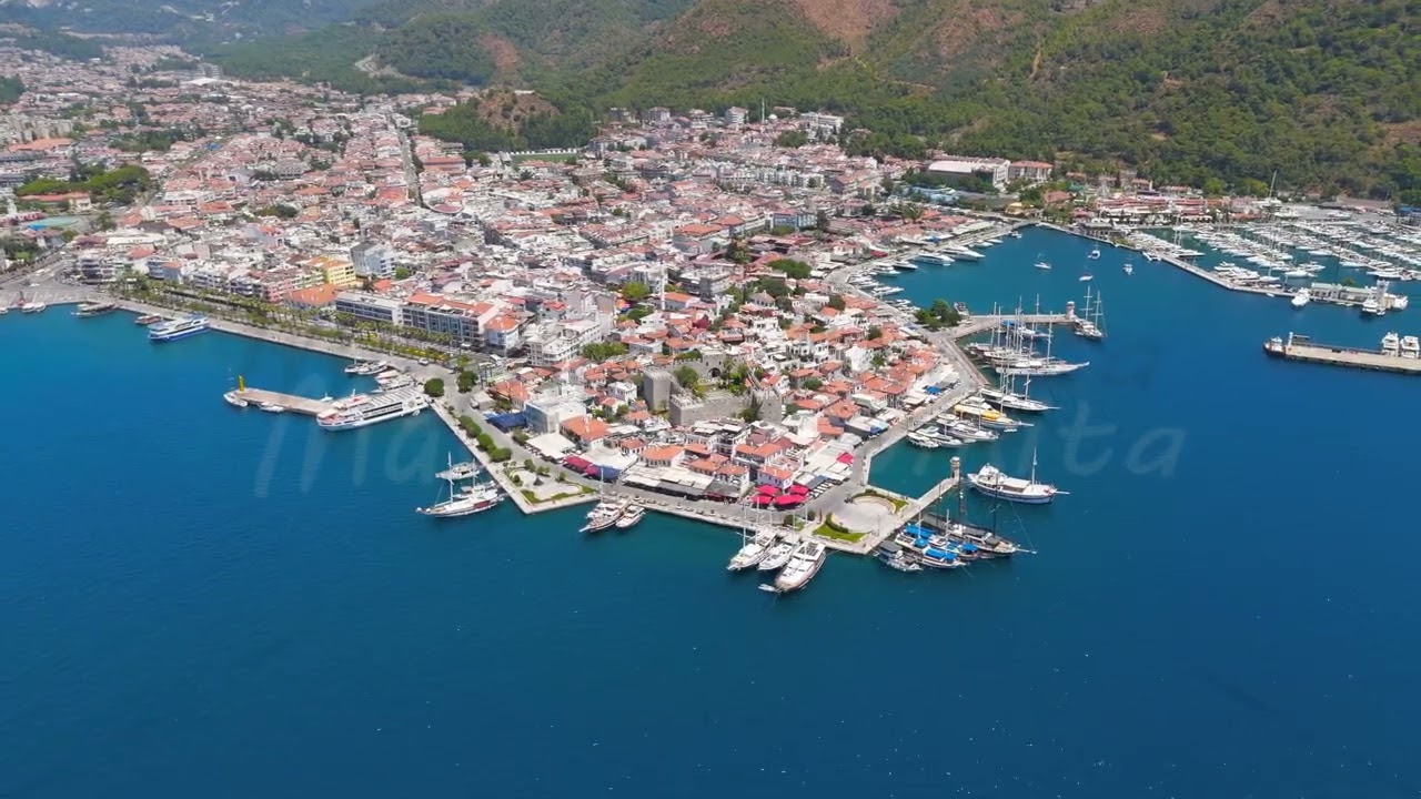 Marmaris, Turkey. Panoramic drone view of Marmaris Castle overlooking entire city and bay. Histor...