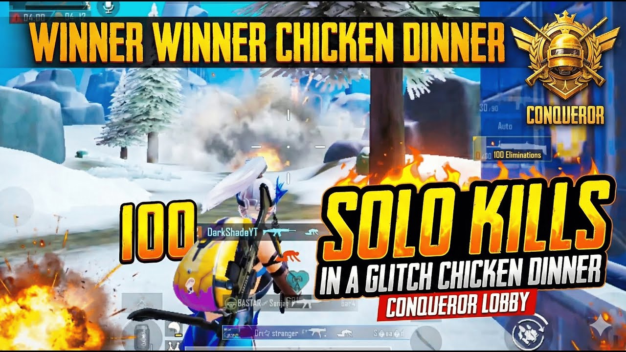 100 Solo Kills in GLITCH Chicken Dinner😱🔥| Conqueror Lobby BGM Full Voiceover Gameplay | DarkShadeYT