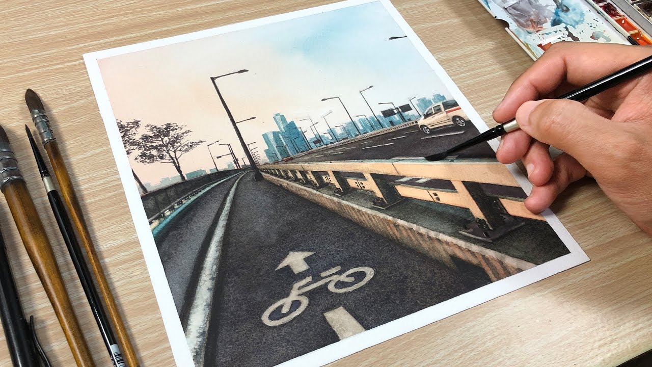 Morning Highway in Watercolor Painting
