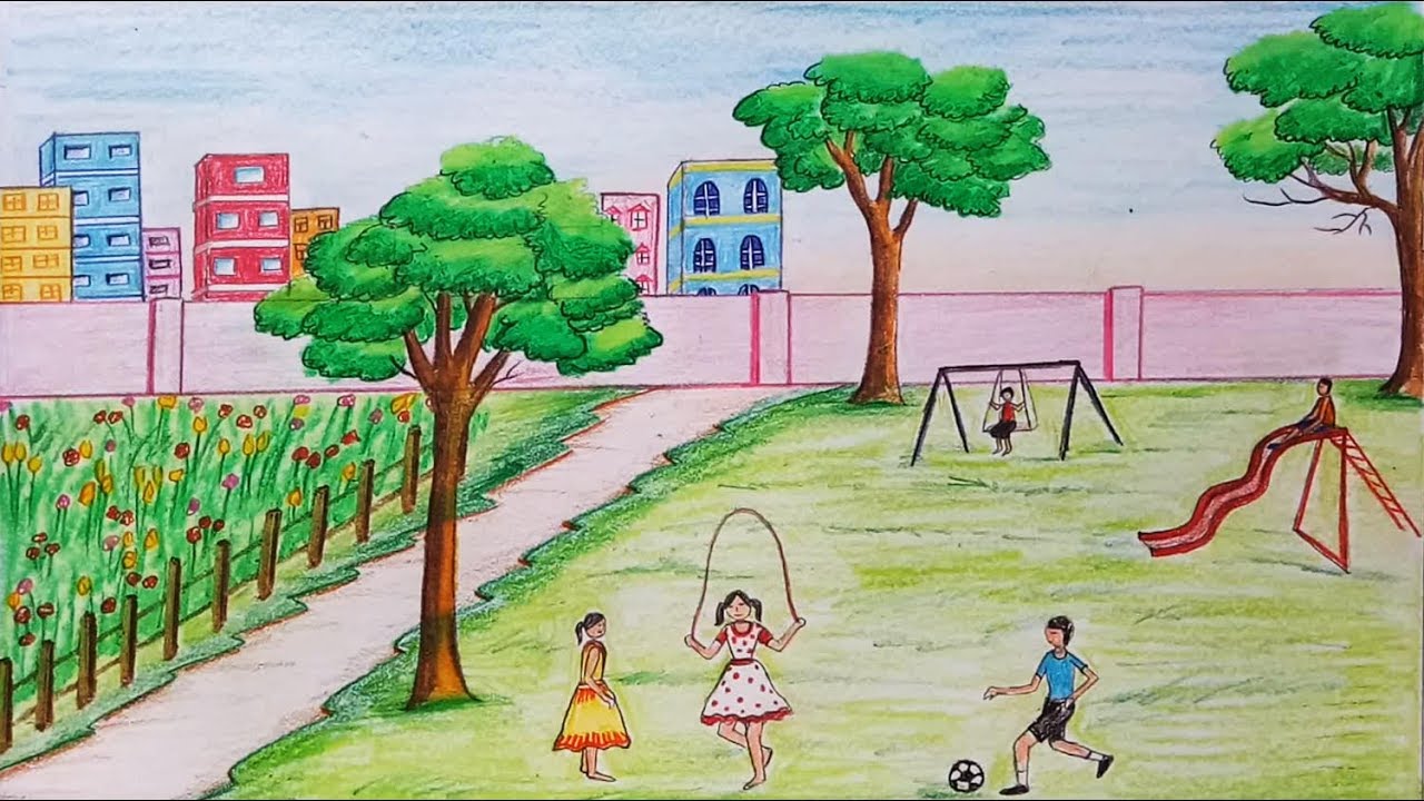 How to draw  scenery of Children's play step by step