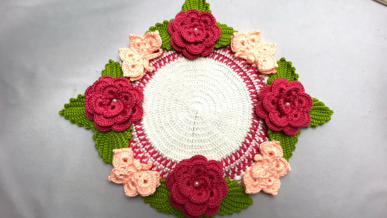 TUTORIAL DE CARPETA O TAPETE tejidos a crochet con mariposas flores y hojas, arte en crochet lm.