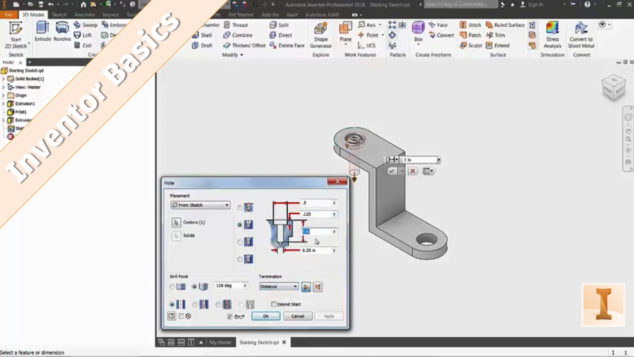 Inventor 101: Cut Extrude, Fillet and Hole Commands