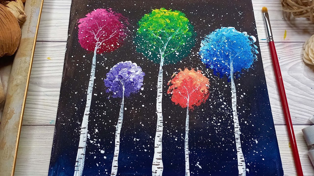 Pictura SIMPLA pentru Incepatori 🌈Copaci Curcubeu pe fundal negru