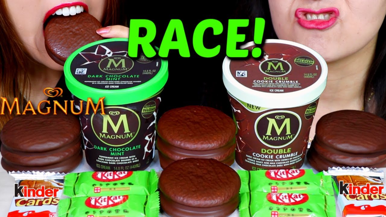ASMR MAGNUM ICE CREAM PINT RACE! CHOCO PIE, GREEN TEA KITKAT, KINDER CHOCOLATE EATING COMPETITION 먹방